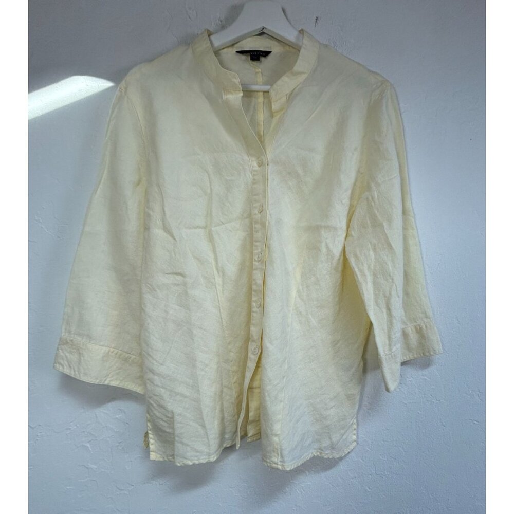 Lands End Womens Linen Button-Down Shirt Top Blouse Size 16 Yellow 3/4 Sleeve